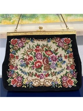 Black Floral Petit Point Tapestry Purse Bag Red Purple Pink Blue Vintage 50s 60s